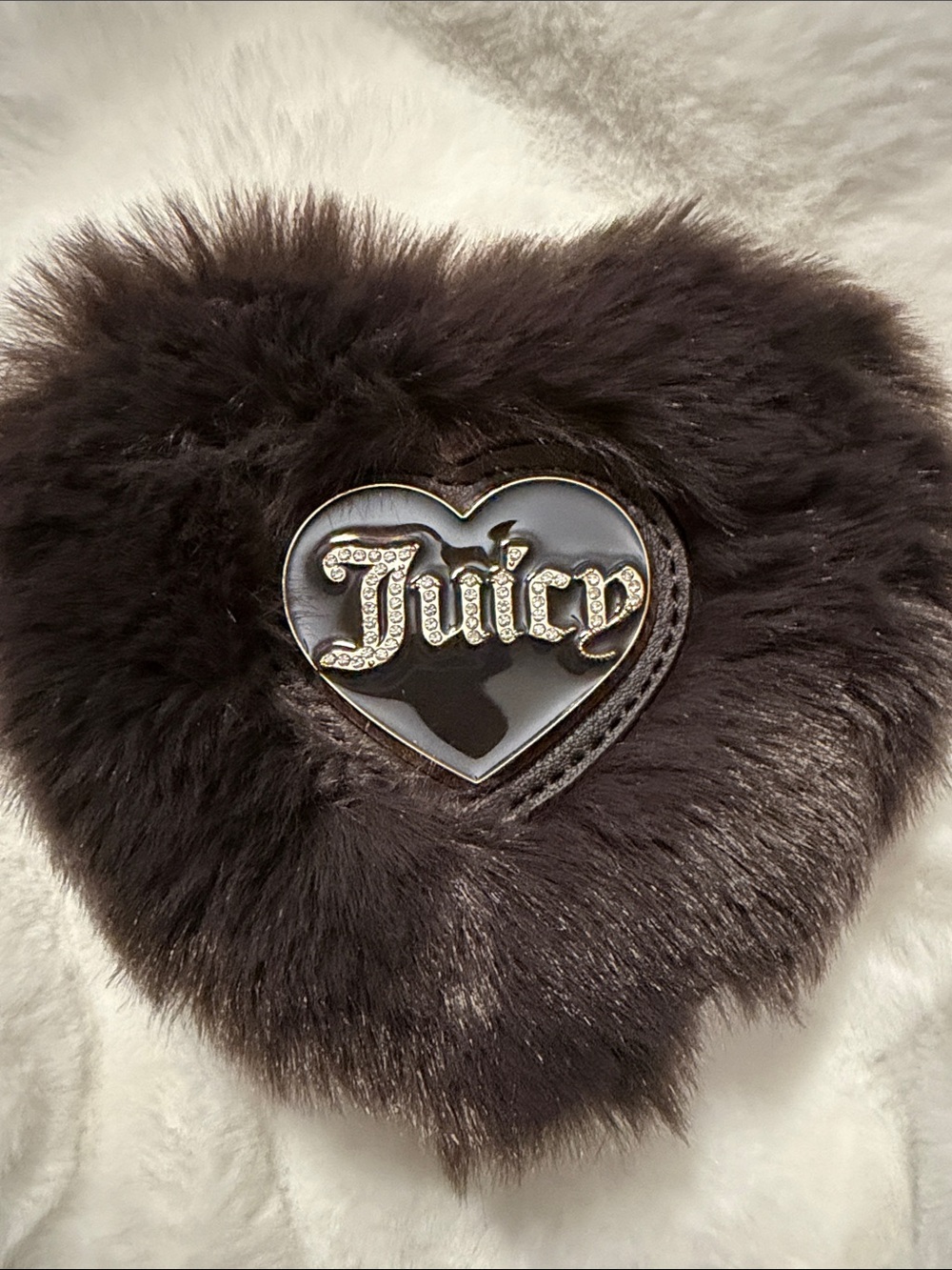 Juicy Couture Brown Faux Fur Heart Key/Card Holder with Jeweled Logo